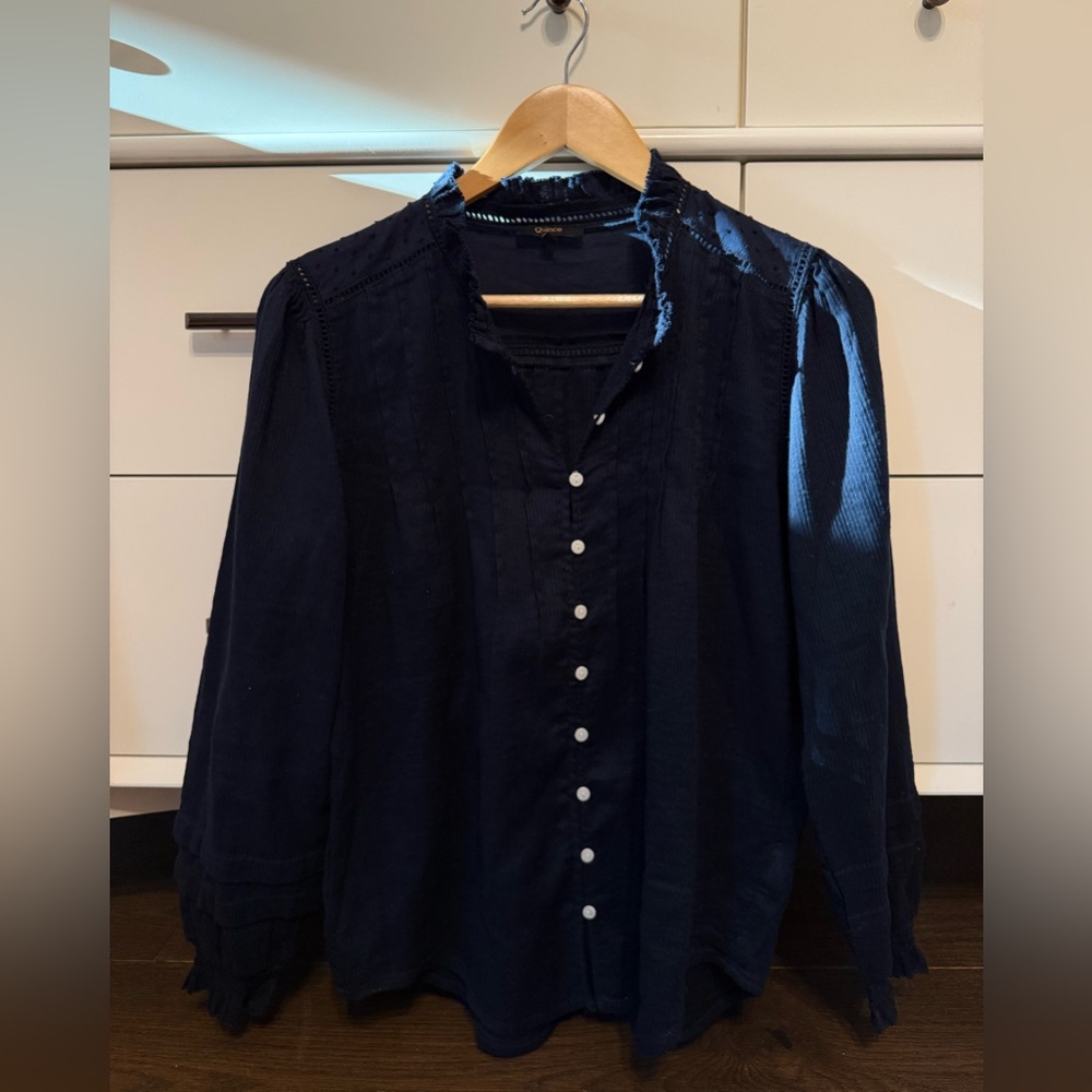 Quince Midnight Blue Cotton Gauze Ruffled Blouse